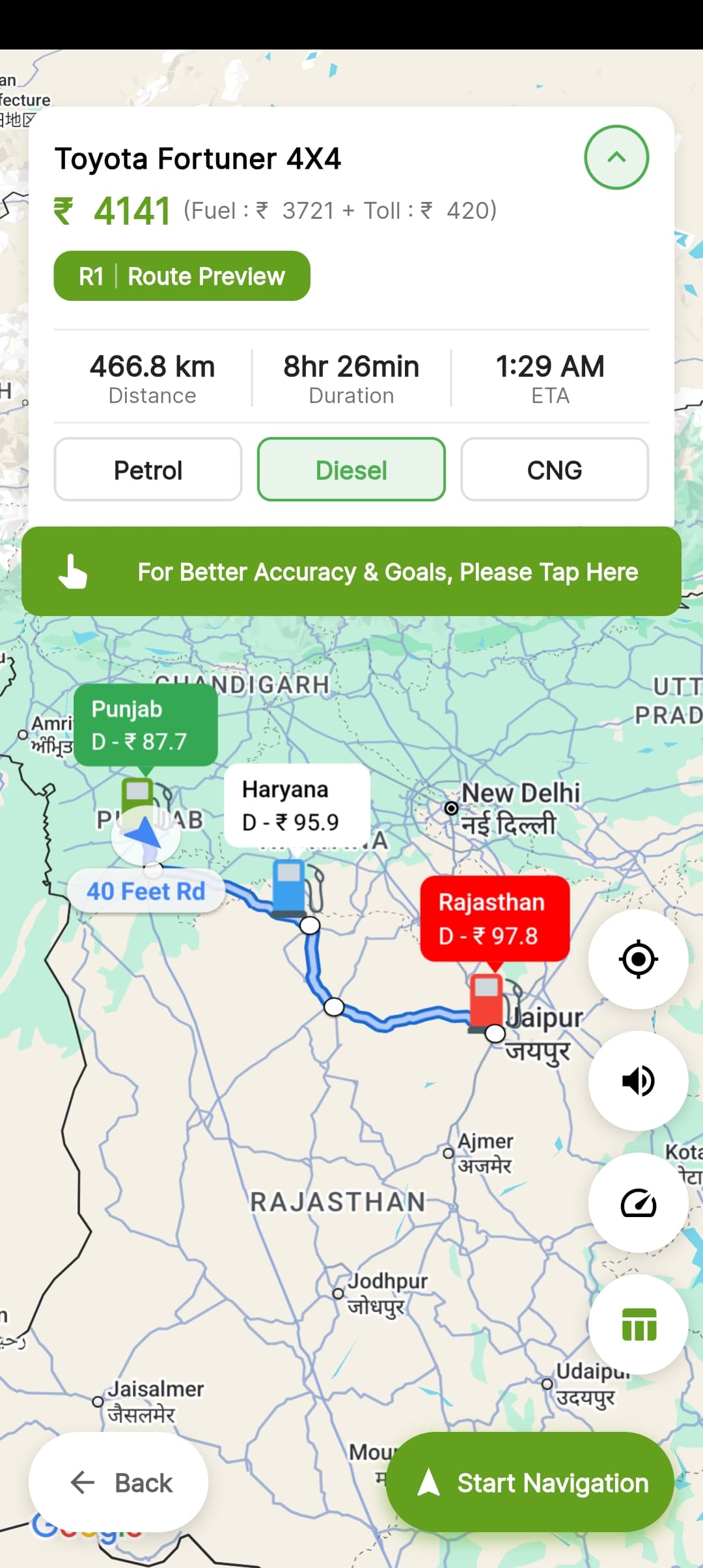 FUELabc route preview showing trip fuel cost, toll cost, ETA, and fuel prices across states